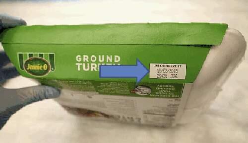 This image provided by Hormel Foods Corporation shows the production code information on the side of the sleeve of Jennie-O-Turkey that is being recalled. Jennie-O-Turkey is recalling more than 91,000 pounds of raw turkey in an ongoing salmonella outbreak. Regulators say additional products from other companies could be named as their investigation continues. The products being recalled include 1-pound packages of raw, ground turkey and were shipped to retailers nationwide. Regulators say the product should be thrown away and not eaten. (Hormel Foods Corporation via AP)