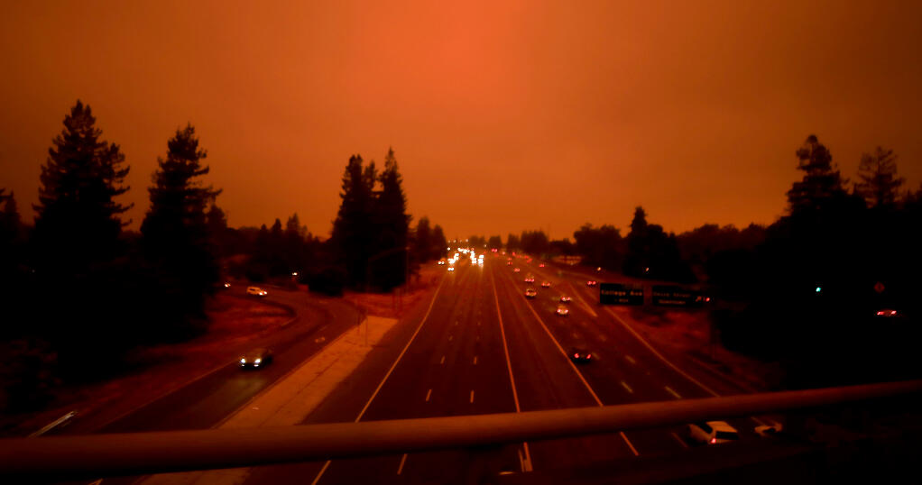 Highway 101 from the Highway 12 interchange, Wednesday, Sept. 9, 2020 as smoke from California wildfires fouls the air. (Kent Porter / The Press Democrat)