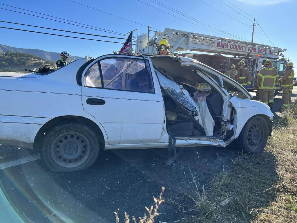 One person died and another was hospitalized  following a car crash on Silverado Trail, Monday, Oct. 30, 2023. (Cal Fire Sonoma-Lake-Napa Unit / Facebook)