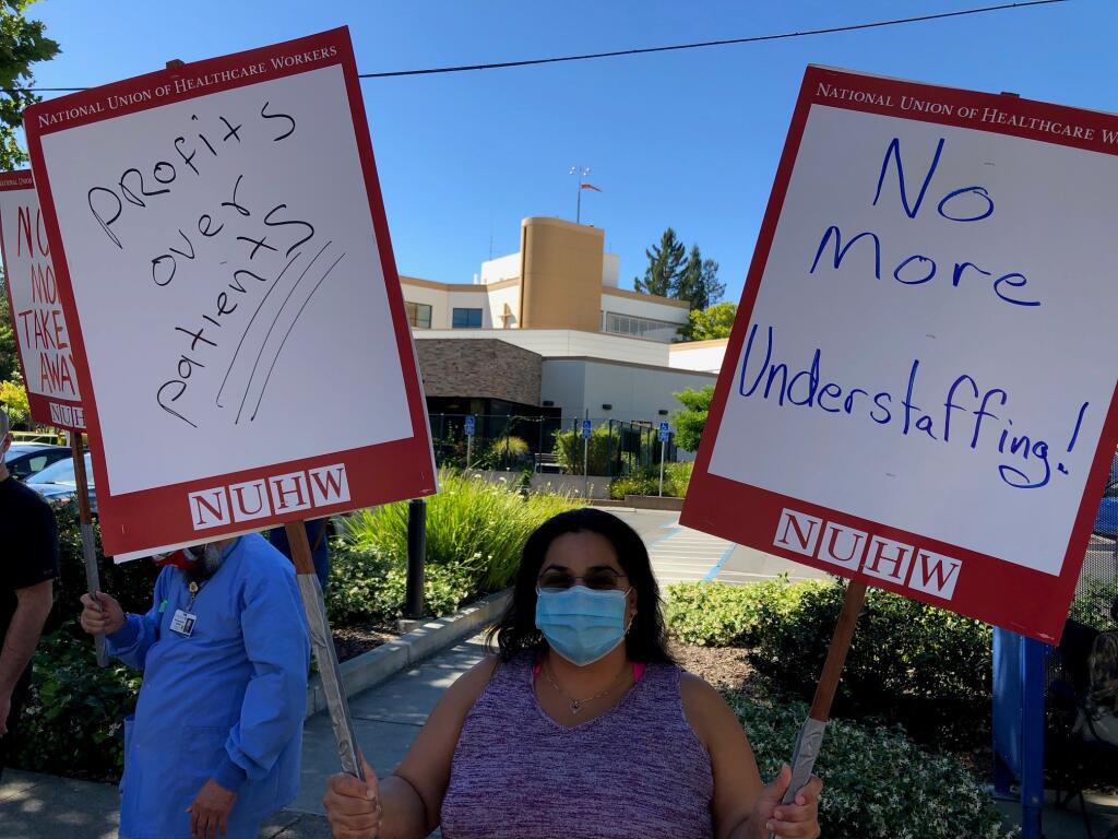 Unionized workers at Santa Rosa Memorial Hospital hold an informational strike outside the hospital on June 3, 2020. (Photo courtesy National Union of Healthcare Workers)