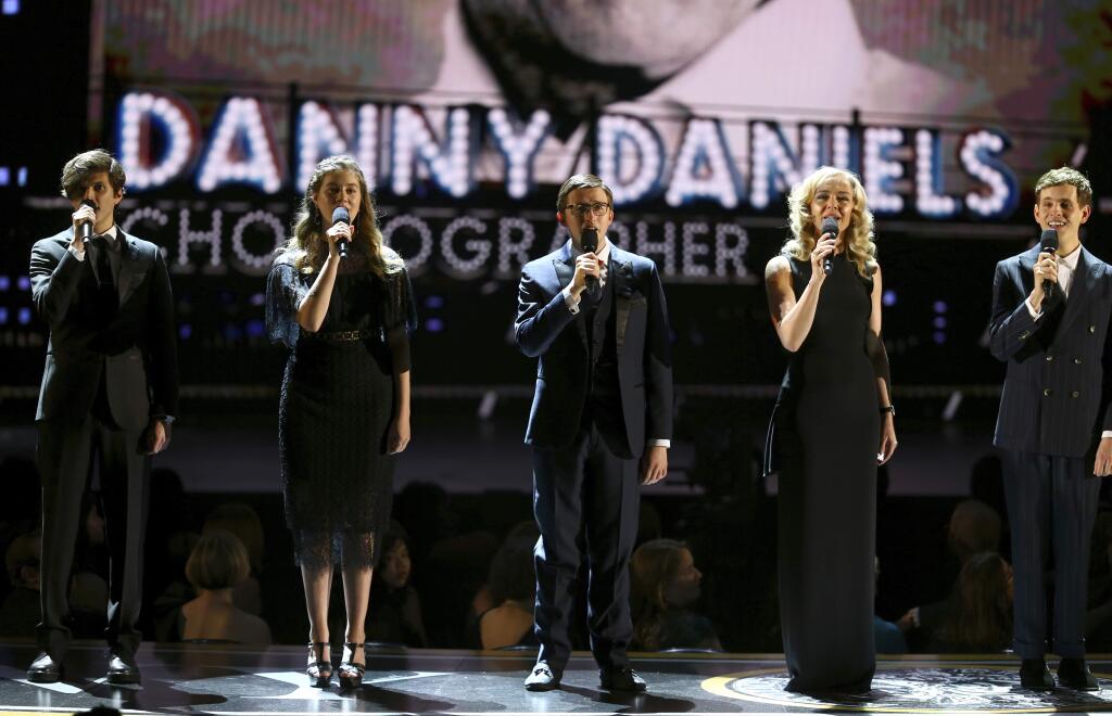 The cast of 'Dear Evan Hansen' performs 'You Will Be Found' during an In Memoriam tribute at the 72nd annual Tony Awards at Radio City Music Hall on Sunday, June 10, 2018, in New York. (Photo by Michael Zorn/Invision/AP)