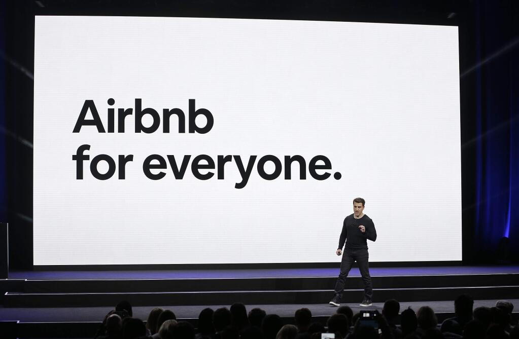 FILE - In this Feb. 22, 2018, file photo, Airbnb co-founder and CEO Brian Chesky speaks during an event in San Francisco. The city of Santa Rosa hopes to regulate properties rented on Airbnb and other similar sites. (AP Photo/Eric Risberg, File)