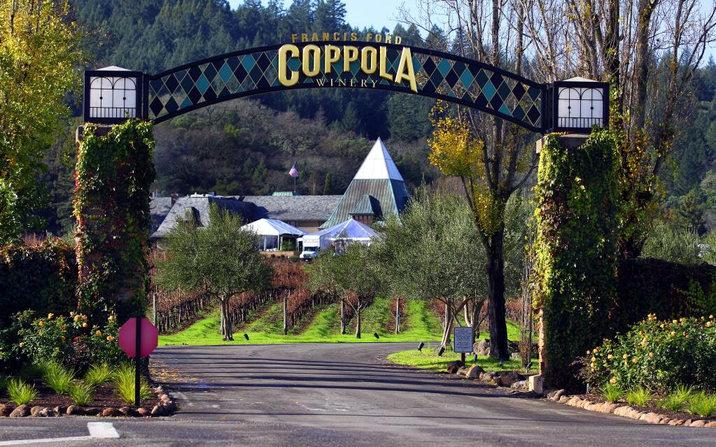 The entrance to Coppola Winery in Geyserville. (Jeff Kan Lee/ The Press Democrat)