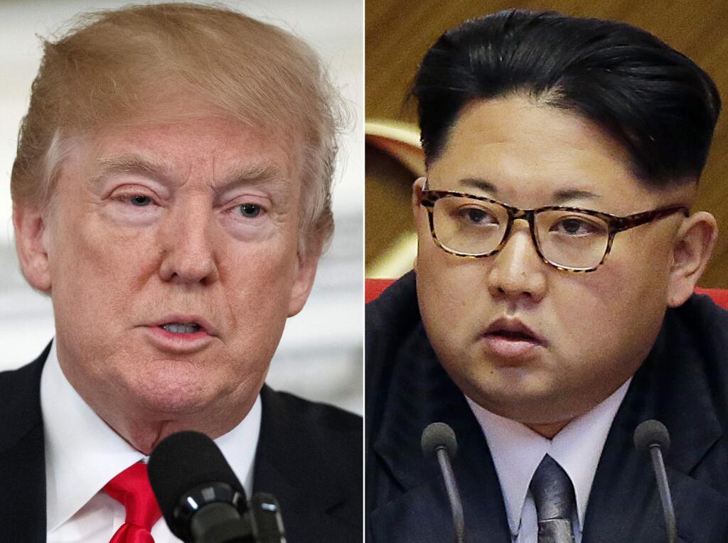FILE - This combination of two file photos shows U.S. President Donald Trump, left, speaking in the State Dining Room of the White House, in Washington on Feb. 26, 2018, and North Korean leader Kim Jong Un attending in the party congress in Pyongyang, North Korea on May 9, 2016. Kim Jong Un is 'Little Rocket Man' no more. In the year since Donald Trump's searing, debut UN speech fueled fears of nuclear conflict with North Korea, the two leaders have turned from threats to flattery. But as the U.S. president readies his second address to the world body, likely in Kim's absence, he'll have to address the elephant in the room _ North Korea's continuing reluctance to disarm. (AP Photo/Evan Vucci, Wong Maye-E, File)