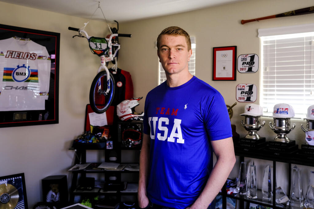 Connor Fields at his home in Henderson, Nevada. Fields’s gruesome crash on the Olympic BMX track in Tokyo left him with serious brain trauma, a fractured memory and a lot of questions about the future. (Maria Alejandra Cardona / New York Times)