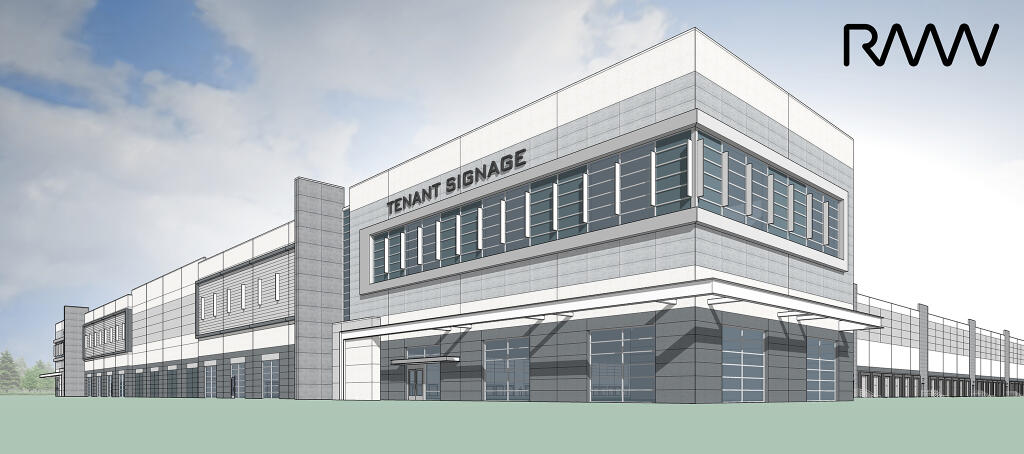 Architectural rendering of Building A at the Giovannoni Logistics Center warehouse project in American Canyon. (RMW Architecture image) Aug. 10, 2020