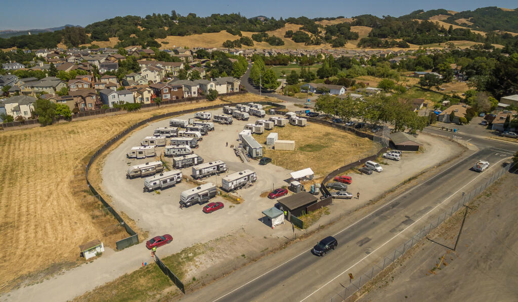 The ballgrounds trailer site at the county fairgrounds at Brookwood Avenue and Allan Way in Santa Rosa, Wednesday, June 28, 2023. Since 2020 a private company has been granted more than $26 million in county contracts to manage homeless issues. DEMA has grown at a remarkable pace amid unprecedented spending on homelessness services. (Chad Surmick / The Press Democrat file)