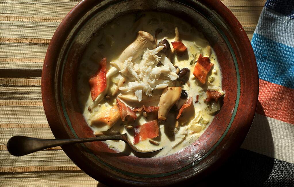 Crab and Corn Chowder with Bacon and Wild Mushrooms, by John Ash. (Kent Porter / The Press Democrat) 2018