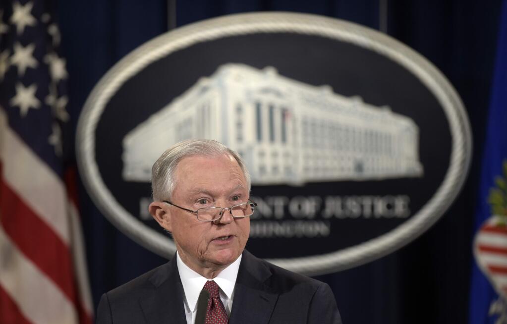 FILE - In this Sept. 5, 2017, file photo, Attorney General Jeff Sessions makes a statement at the Justice Department in Washington on President Barack Obama's Deferred Action for Childhood Arrivals, or DACA program. U.S. District Judge William Alsup on Tuesday, Jan. 9, 2018, granted a request by California and other plaintiffs to prevent President Donald Trump from ending DACA while their lawsuits play out in court. (AP Photo/Susan Walsh, File)