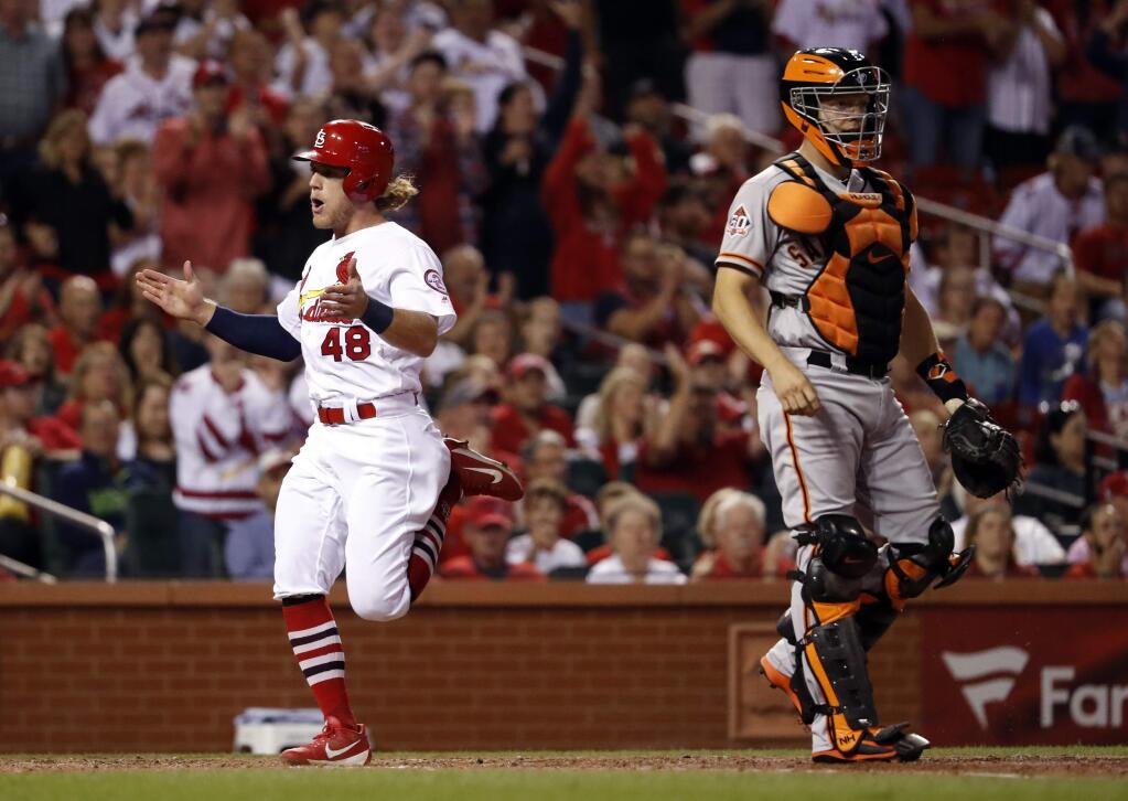 St. Louis Cardinals' Harrison Bader, left, celebrates as he scores past San Francisco Giants catcher Nick Hundley during the fifth inning of a baseball game Friday, Sept. 21, 2018, in St. Louis. (AP Photo/Jeff Roberson)