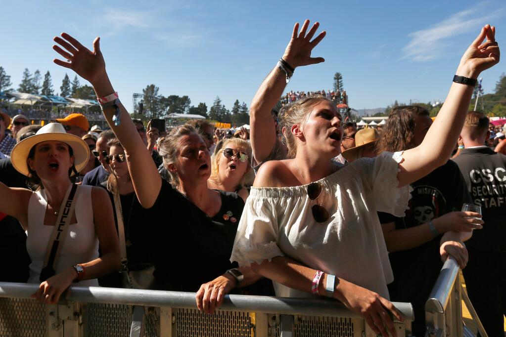 Concertgoers sing along with The Revivalists as the band performs on the JaM Cellars Stage during the third day of BottleRock Napa Valley, in Napa, California, on Sunday, May 27, 2018. (Alvin Jornada / The Press Democrat)