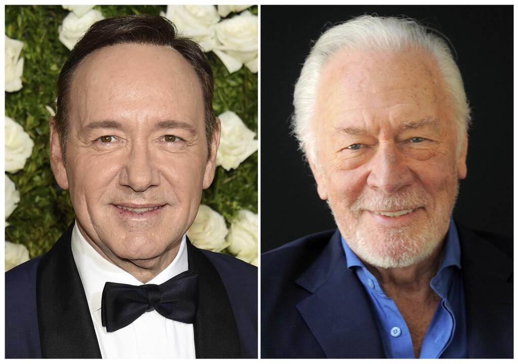 This combination photo shows Kevin Spacey at the Tony Awards in New York on June 11, 2017, left, and Christopher Plummer during a portrait session in Beverly Hills, Calif. on July 25, 2013. Spacey is getting cut out of Ridley Scott's finished film “All the Money in the World” and replaced by Christopher Plummer just over one month before it's supposed to hit theaters. People close to the production who were not authorized to speak publicly say Plummer is commencing reshoots immediately in the role of J. Paul Getty. (AP Photo)