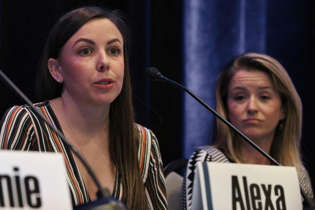 Alexa Rae Wall, left, of Moonflower Delivery and Sonoma County Growers Alliance, and Karli Warner of Garden Society on the women entrepreneurs panel at North Bay Business Journal's North Coast Cannabis Industry Conference on Tuesday, May 7, 2019, at Hyatt Regency Sonoma Wine Country hotel in Santa Rosa. (Jeff Quackenbush / North Bay Business Journal)