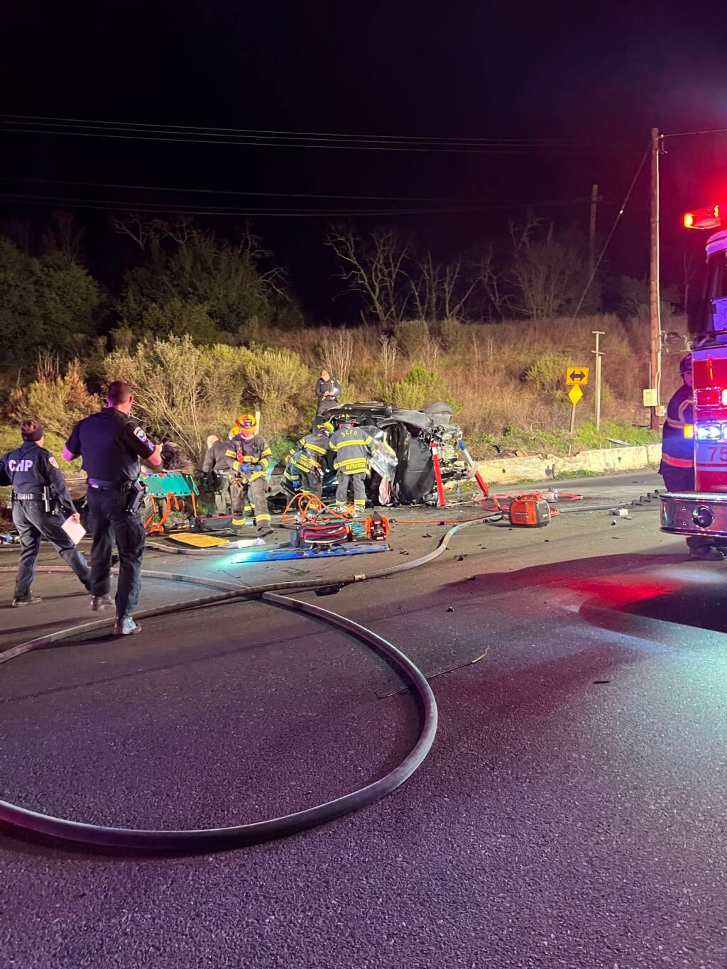 A driver fled the scene of a crash near Windsor on Sunday, Jan. 23, 2022, leaving four injured, according to authorities. (Sonoma County Fire District)