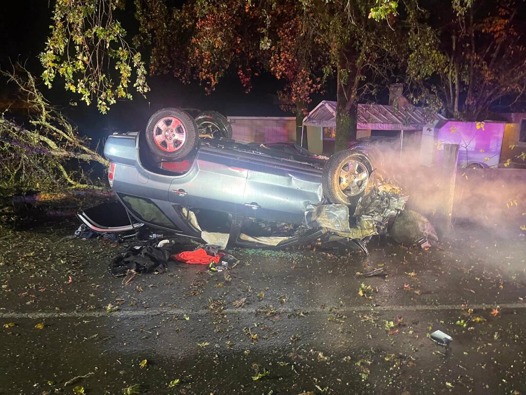 A Madera man suspected of DUI was arrested near Santa Rosa on Monday, Dec. 13, 2021, after he crashed a car while fleeing a sheriff’s deputy, according to the Sonoma County Sheriff’s Office. (Sonoma County Sheriff’s Office / Facebook)