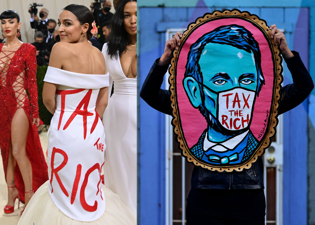 Left, Rep. Alexandria Ocasio-Cortez, D-N.Y.,  at the Metropolitan Museum of Art's Costume Institute benefit gala in New York, Sept. 13, 2021. On the right, Santa Rosa artist The Velvet Bandit with her “Tax the Rich” painting.  (Photo of Ocasio-Cortez by Nina Westervelt / The New York Times. Photo of The Velvet Bandit by Kent Porter / The Press Democrat)