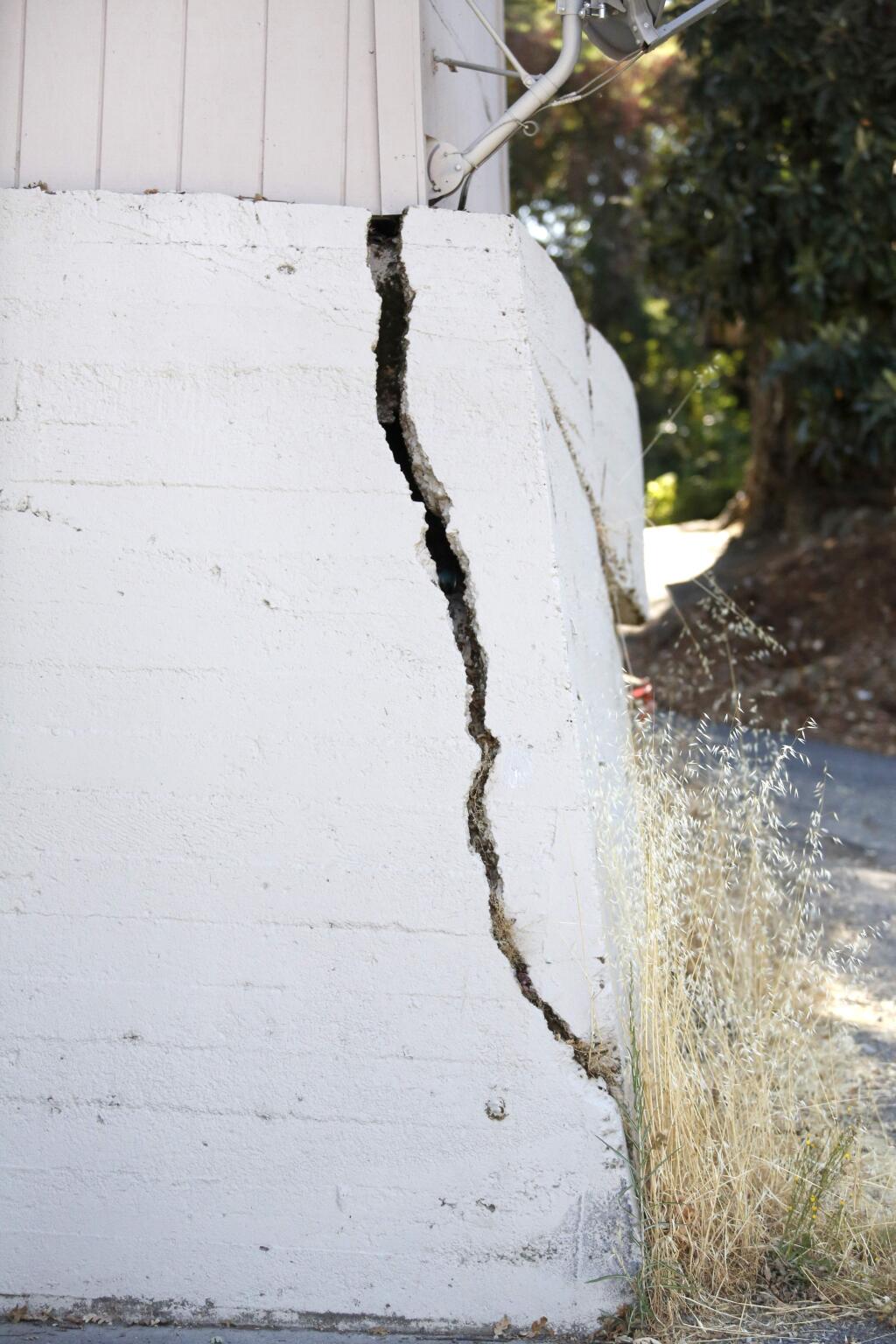 A crack in the foundation of the Forestville Club which was recently shut down due to structural issues. Photo taken in Forestville on Wednesday, July 18, 2018. (Beth Schlanker/ The Press Democrat)