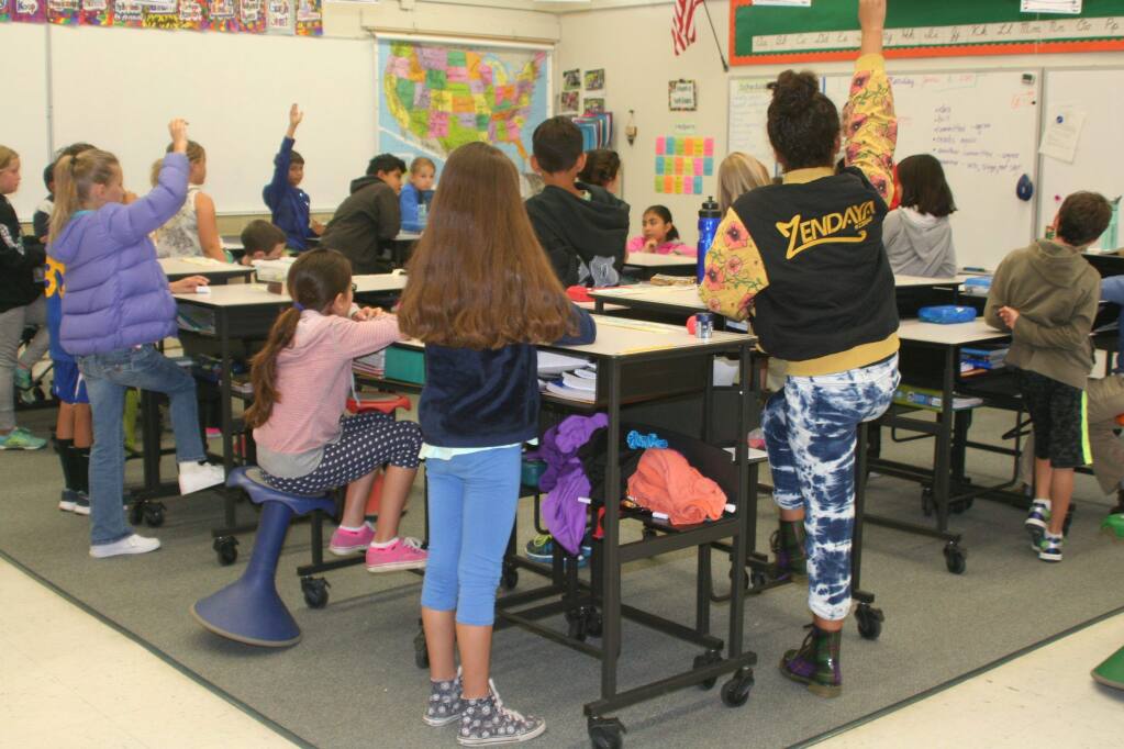 All classroom desks at Vallecito Elementary School, in San Rafael, have been replaced with standing desks.