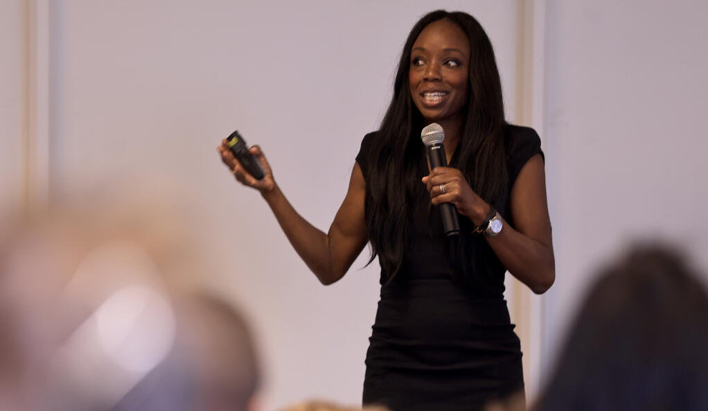 Dr. Nadine Burke Harris gives a keynote speech about childhood trauma and how it effects school children, Thursday, June 8, 2023, during the Trauma-Informed Practices, Resilience and Healing seminar, sponsored by the Sonoma County Office of Education at SOMO Village in Rohnert Park.  (Kent Porter / The Press Democrat) 2023