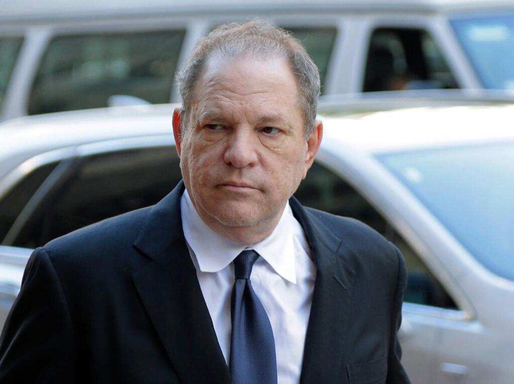FILe - In this July 9, 2018 file photo, Harvey Weinstein arrives to court in New York. A New York judge cited the long history of the casting couch in Hollywood as he approved for trial the sex trafficking claims of an aspiring actress against Weinstein. U.S. District Judge Robert W. Sweet said the lawsuit filed by Kadian Noble last fall was fairly brought under sex trafficking laws Congress passed that had an “expansive” definition of what could be considered a “commercial sex act.” (AP Photo/Seth Wenig, File)