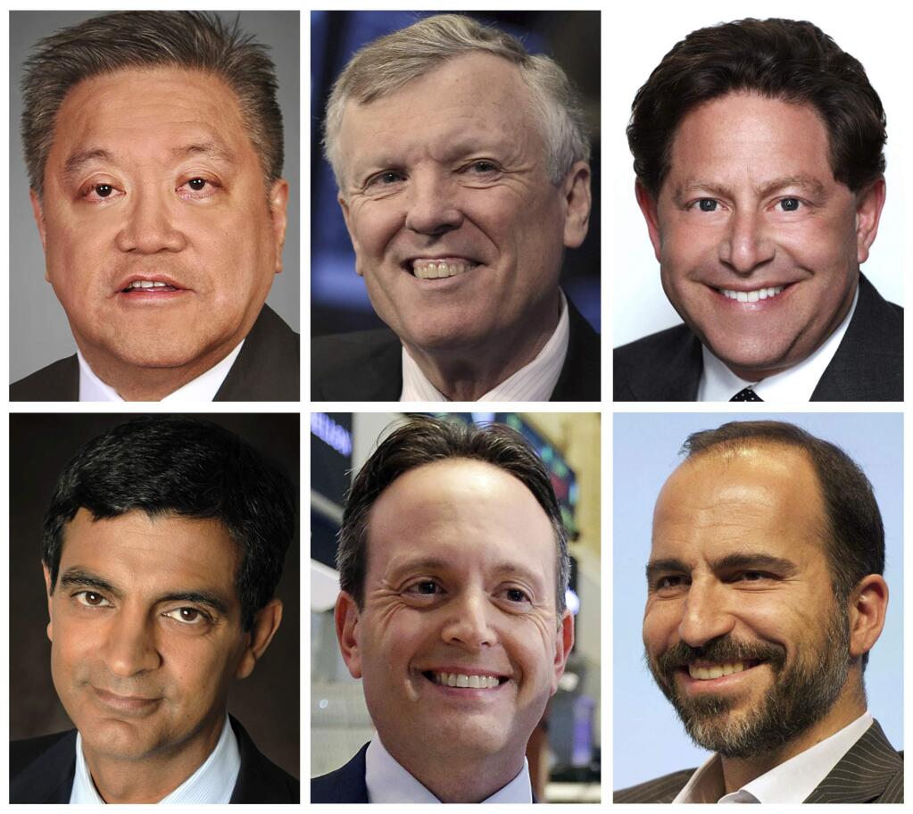 This photo combination of images shows the CEOs who received the biggest pay raises, top row, and the ones who got the largest pay cuts, bottom row, in 2016. Top row, from left: Broadcom CEO Hock Tan; Charter Communications CEO Thomas Rutledge; and Activision Blizzard CEO Robert Kotick received the largest pay increases in 2016. Bottom row, from left: GGP CEO Sandeep Mathrani; Allergan CEO Brenton Saunders; and Expedia CEO Dara Khosrowshahi received the largest pay cuts in 2016. (AP Photo)