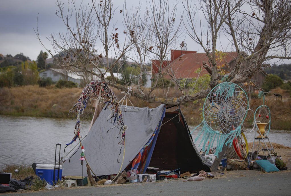 This file photo shows a homeless encampment that was formerly located in Steamer Landing along the Petaluma River. (CRISSY PASCUAL/ARGUS-COURIER STAFF).