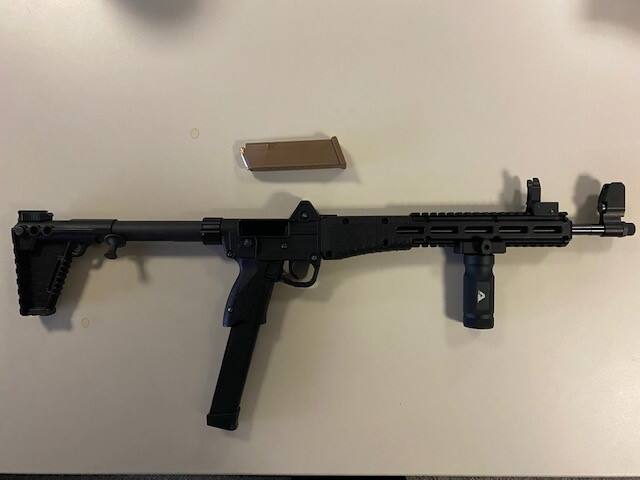 The Santa Rosa Police Department said officers found a Kel-Tec 9 mm Sub-2000 folding rifle with a 30-round high-capacity magazine inside a car parked outside of a Safeway store on Marlow Road. (Santa Rosa Police Department)