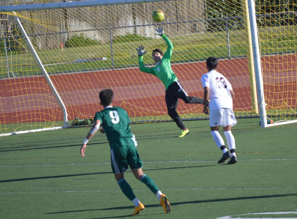 Jose Angulo/Special to the Index-TribuneSonoma's Bryan Rodriguez (#9) puts the winning goal past the Piner goalie in Saturday's match. The Dragons won the Sonoma County League title and will face Drake Wednesday in the NCS playoffs.