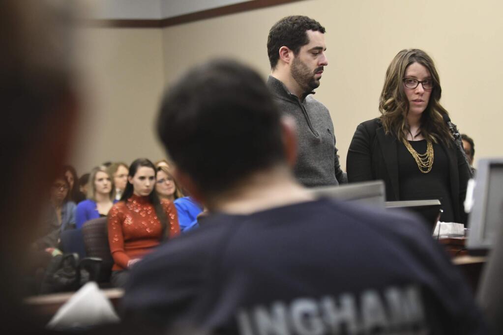 FILE- In this Jan. 22, 2018, file photo, former gymnast Marta Stern speaks during the fifth day of victim impact statements against Larry Nassar in Ingham County Circuit Court in Lansing, Mich. (Matthew Dae Smith/Lansing State Journal via AP, File)