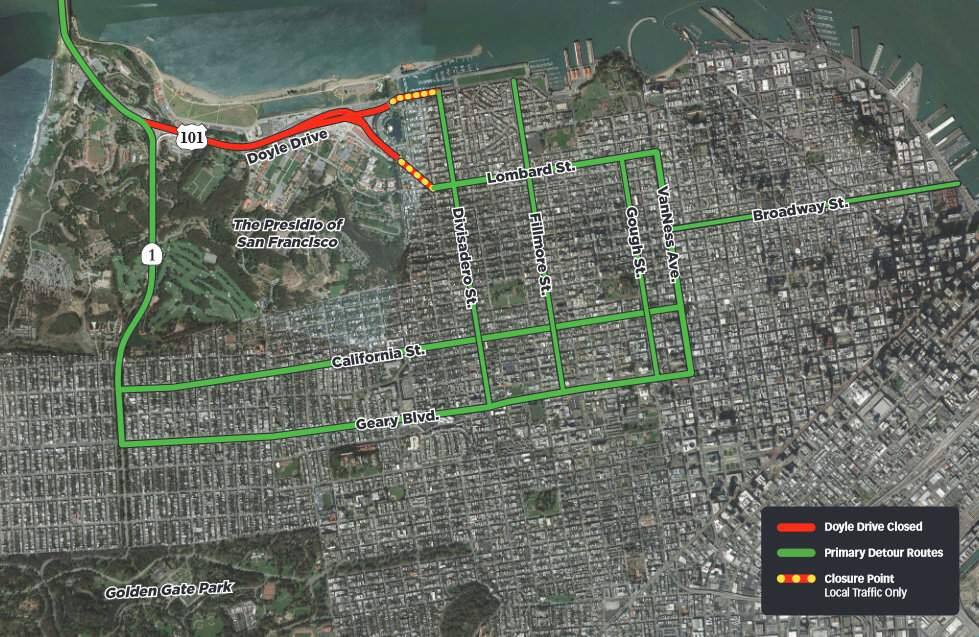 Doyle Drive, shown in red, will be closed for 79 hours from 10 p.m. Thursday to 5 a.m. Monday. This map shows the primary detour routes, outlined in green. (PRESIDIOPARKWAY.ORG)