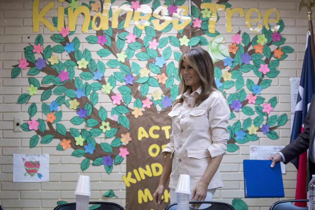 First lady Melania Trump visits the Upbring New Hope Children Center run by the Lutheran Social Services of the South in McAllen, Texas, Thursday, June 21, 2018. (AP Photo/Andrew Harnik)