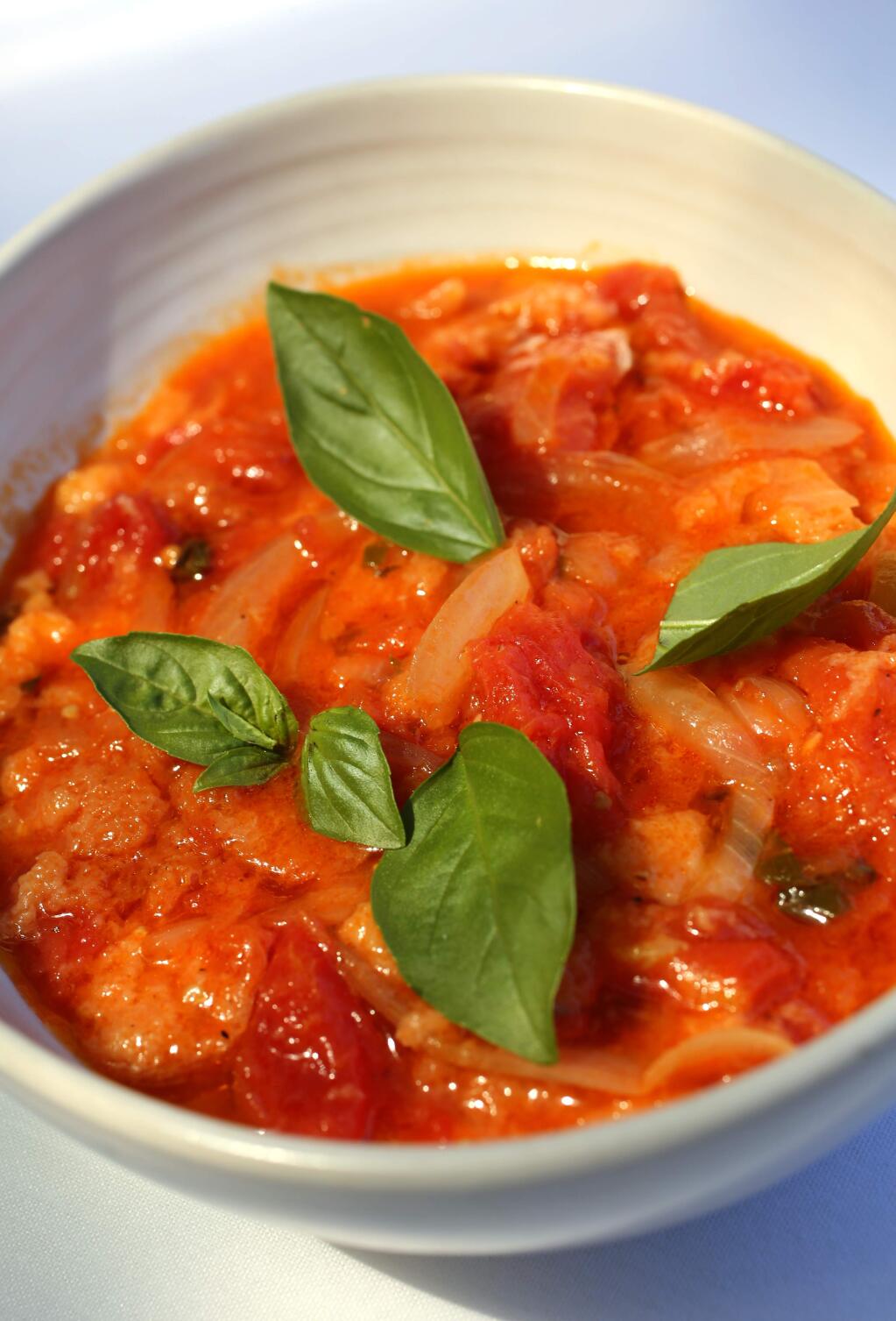 Tuscan Tomato and Bread Soup made at Bistro Don Giovanni restaurant in Napa, Friday, July 18, 2014. (Crista Jeremiason / The Press Democrat)