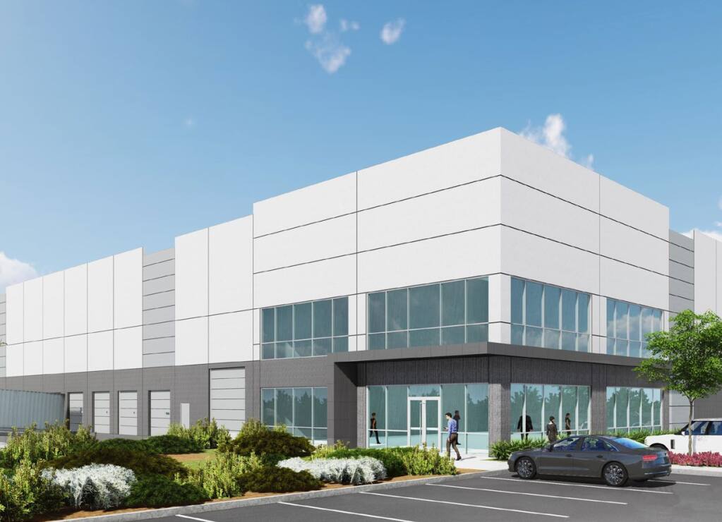 Architectural rendering of the 617,000-square-foot building anchoring phase 2 of the NorthBay Logistics Center warehouse project in Vacaville. Amazon leased the building in the third quarter of 2020, and property owner LDK Ventures expects completion in July 2021. (courtesy of Cushman & Wakefield)