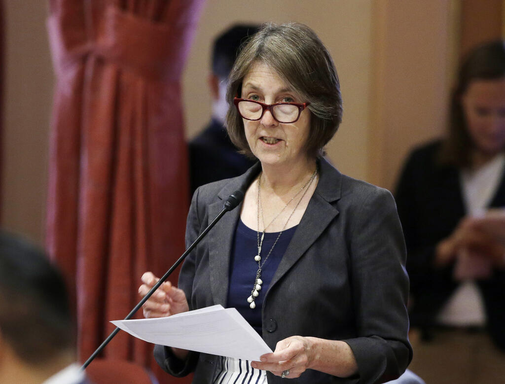 FILE - California state Sen. Nancy Skinner, D-Berkeley, speaks on the floor of the California Senate on May 30, 2018. Skinner on Friday, March 17, 2023, announced a bill in the state Legislature that aims to provide legal protections to health care providers who mail abortion pills to patients in other states. (AP Photo/Rich Pedroncelli, File)