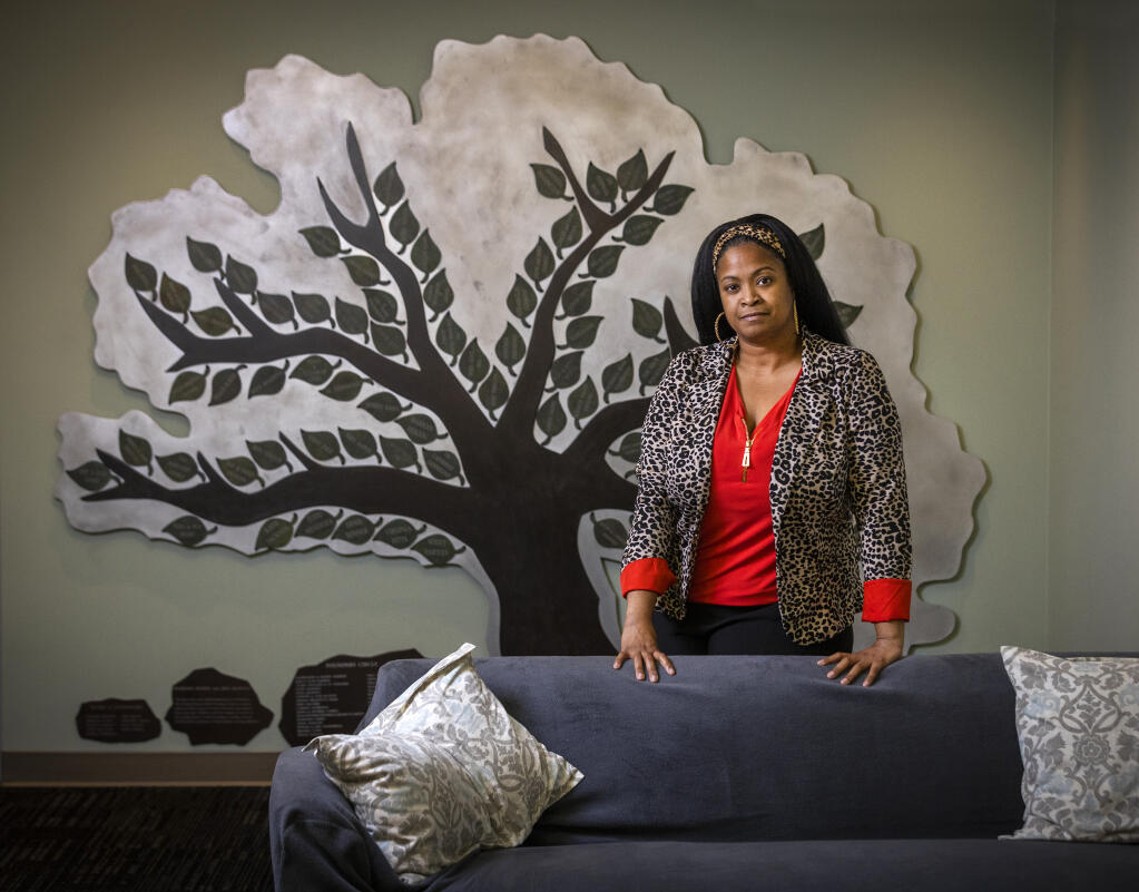 Family Justice Center executive director Marsha Lucien in the intake lobby for family violence victims in Santa Rosa on Thursday, April 28, 2022. (John Burgess / The Press Democrat)