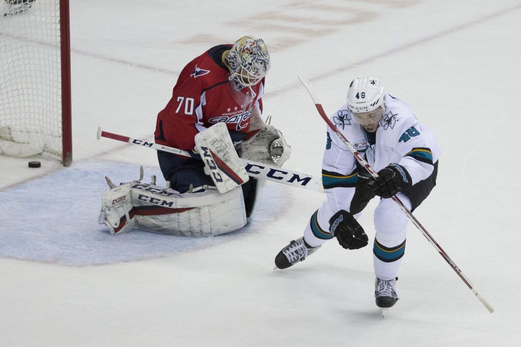 San Jose Sharks center Tomas Hertl celebrates his game-winning goal for a hat trick past Washington Capitals goaltender Braden Holtby in the overtime portion Tuesday, Jan. 22, 2019, in Washington. The Sharks won 7-6. (AP Photo/Alex Brandon)