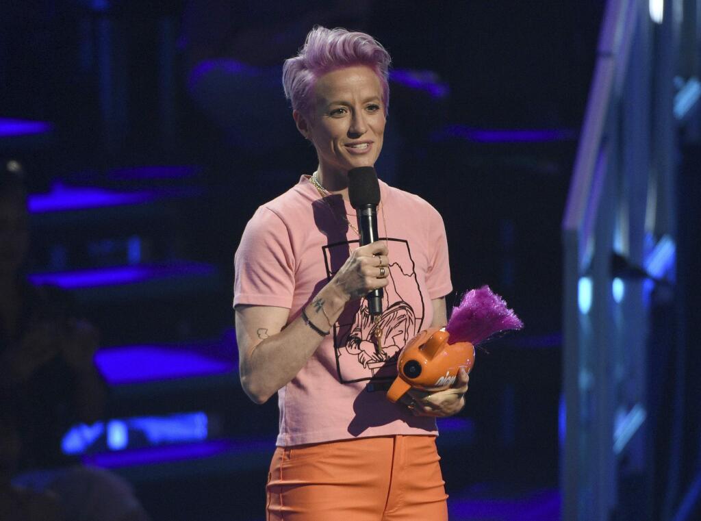 Megan Rapinoe, a U.S. women's national soccer team player, accepts the generation change award at the Kids' Choice Sports Awards on Thursday, July 11, 2019, at the Barker Hangar in Santa Monica, Calif. (Photo by Chris Pizzello/Invision/AP)