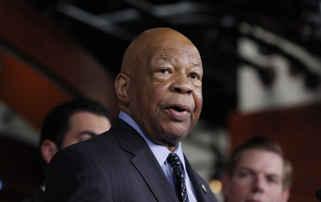 In this photo taken May 17, 2017, Rep. Elijah Cummings, D-Md., ranking member on the House Oversight and Government Reform Committee, speaks during a news conference on Capitol Hill in Washington. Cummings has asked a business partner of the Trump administration's former national security adviser, Michael Flynn, for documents detailing Flynn's foreign contacts and security clearance, according to a letter released Thursday, Aug. 3, 2017. (AP Photo/Alex Brandon)