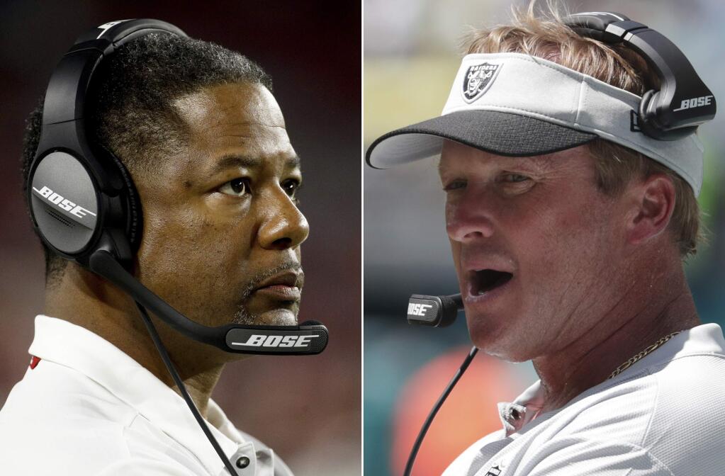 At left, in an Aug. 30, 2018, file photo, Arizona Cardinals head coach Steve Wilks watches during the first half of a preseason game against the Denver Broncos, in Glendale, Ariz. At right, in a Sept. 23, 2018, file photo, Oakland Raiders head coach Jon Gruden walks the sideline during the first half against the Miami Dolphins, in Miami Gardens, Fla. The Raiders, with the NFL's worst record at 1-8, drag a five-game losing streak into their game with the Arizona Cardinals, who at 2-7 are tied for the third-worst record in the league. (AP Photo/File)