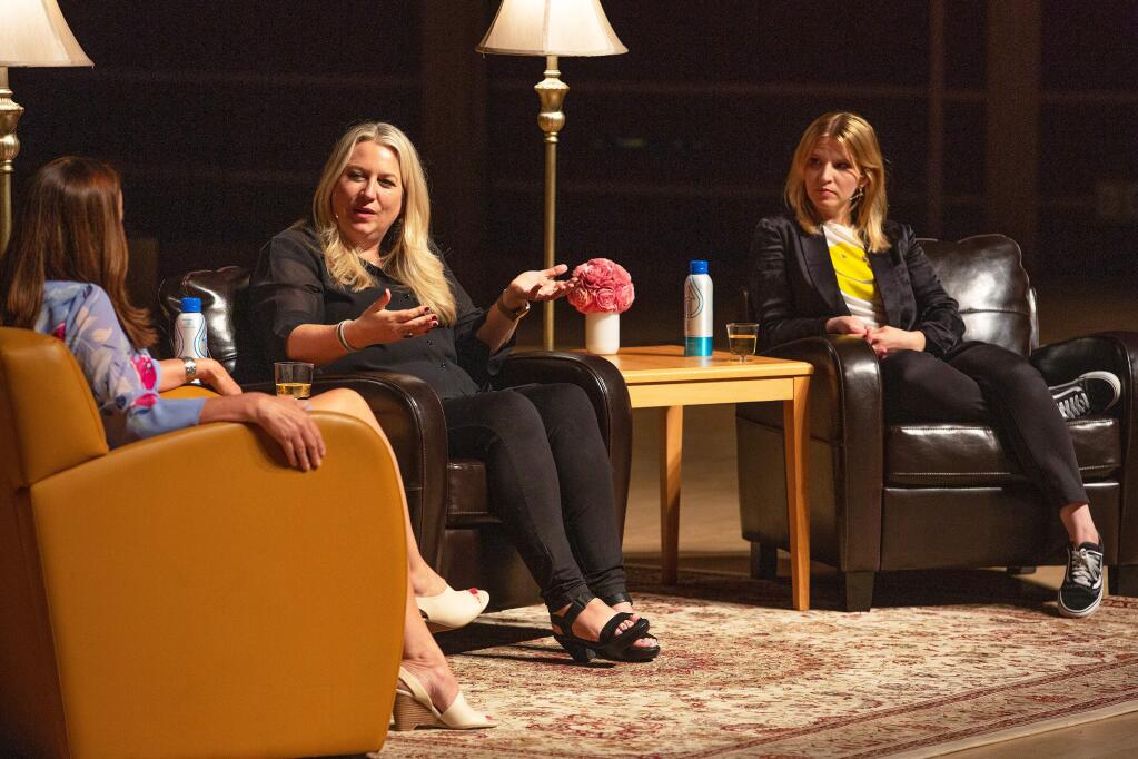 Authors Cheryl Strayed, center, and Tara Westover speak with Press Democrat features editor Corinne Asturias, left, during the Women in Conversation Experience at Sonoma State University's Green Music Center in Rohnert Park, California, on Wednesday, September 18, 2019. (Alvin Jornada / The Press Democrat)