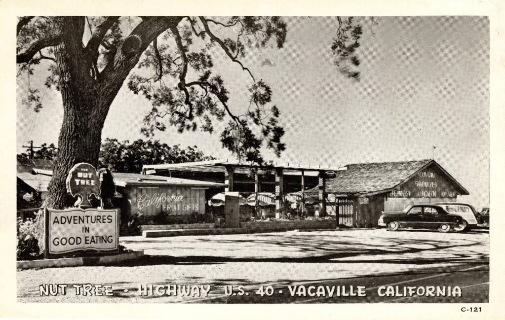 A postcard displaying the Nut Tree, with its “Adventures in Good Eating” sign in front, 1922. (COURTESY OF THE VACAVILLE MUSEUM ARCHIVES)