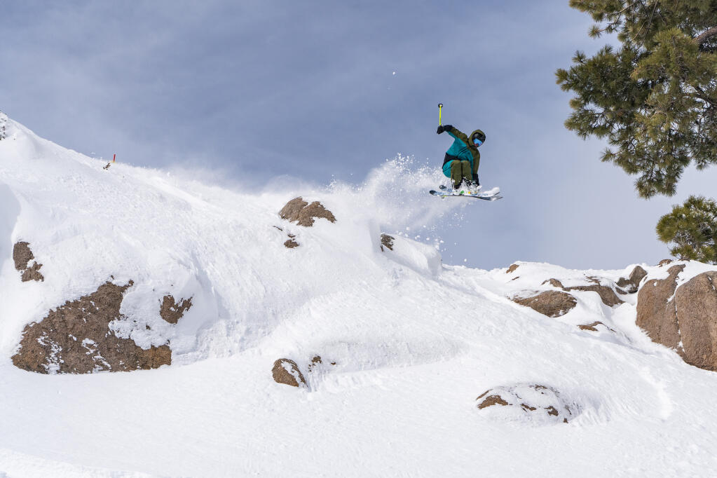 A skier enjoys fresh snow at Palisades Tahoe ski resort in Olympic Valley, Friday, Jan. 6, 2023. (Blake Kessler)