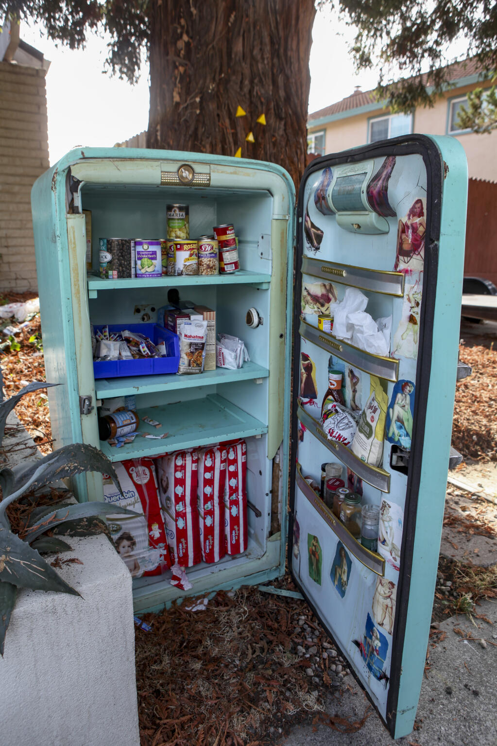 A little free library with pantry food items and diapers is located at 2012 Sultana Drive inside an old refrigerator. (CRISSY PASCUAL/ARGUS-COURIER STAFF)