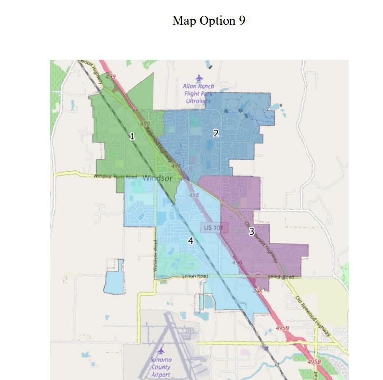 The Windsor Town Council voted 3-1 Wednesday to approve this map, Option 9, to redraw district boundaries to redistribute the population. (Best, Best and Krieger / Town of Windsor)