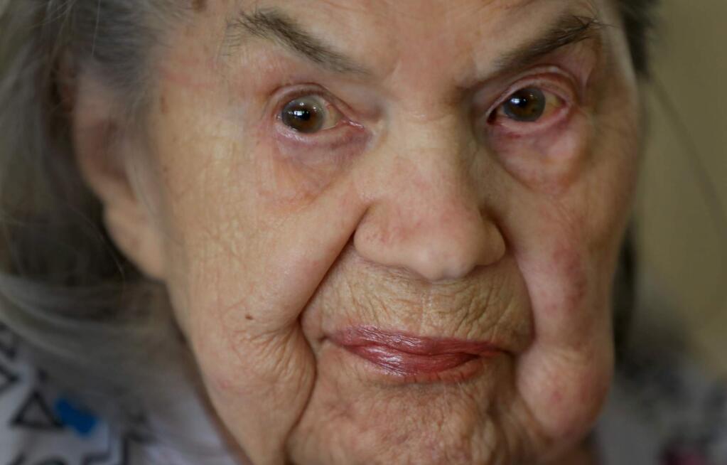 Mabel Barnfield, 101, at Creekside Rehabilitation & Behavioral Health in Santa Rosa, Friday, June 21, 2019. Barnfield was evicted from another Santa Rosa facility, moved to skilled nursing in Marin County, and then moved back to Santa Rosa after good samaritans called Mabel's Angel's intervened. Mabel died Thursday, June 27, 2019. (Kent Porter / The Press Democrat) 2019