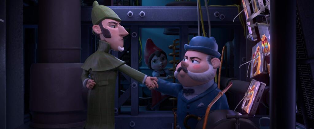 Sherlock Gnomes (voice of Johnny Depp) and Dr. Watson (Chiwetel Ejiofor) investigate the kidnapping of gnomes all over London in 'Sherlock Gnomes.' (Paramount Pictures)