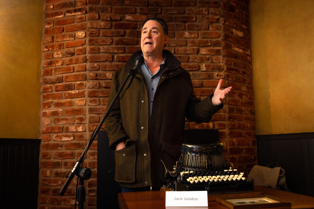 Darius Anderson talks about his acquisition of a typewriter used by Jack London at an annual gathering celebrating the birthday of the local writer at The Saloon at The Jack London Lodge in Glen Ellen, Friday, Jan. 12, 2024. (John Burgess / The Press Democrat file)