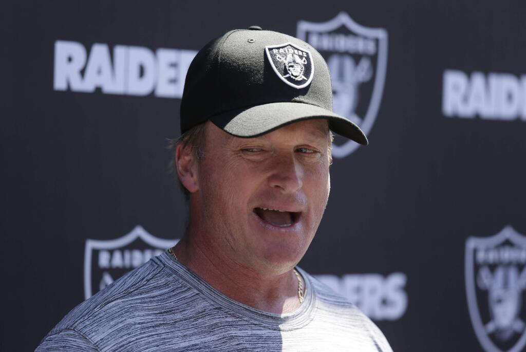 Oakland Raiders head coach Jon Gruden talks with reporters during minicamp Tuesday, June 11, 2019, in Alameda. (AP Photo/Eric Risberg)