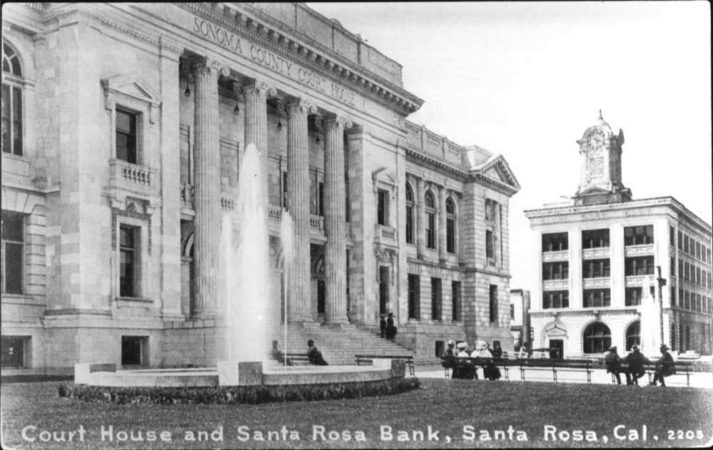 A postcard view of the Sonoma County Courthouse and Santa Rosa Bank in 1910. (Courtesy of the Sonoma County Library)