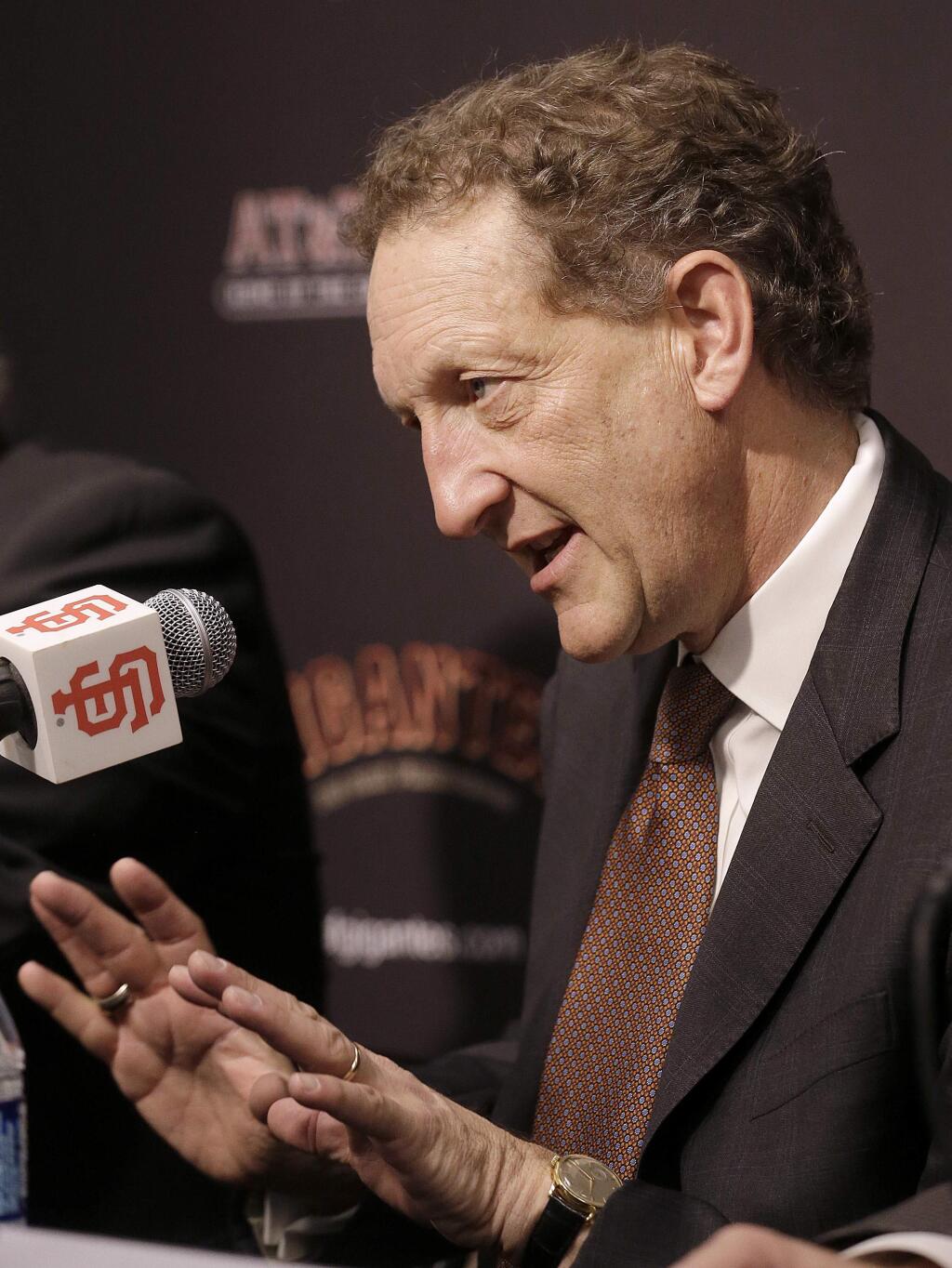 San Francisco Giants CEO Larry Baer speaks at a news conference in San Francisco, Tuesday, Oct. 3, 2017. (AP Photo/Jeff Chiu)